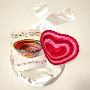 Bright Heart Bowl / Handmade Coiled Fabric Basket in Pink w/ satin gift bag